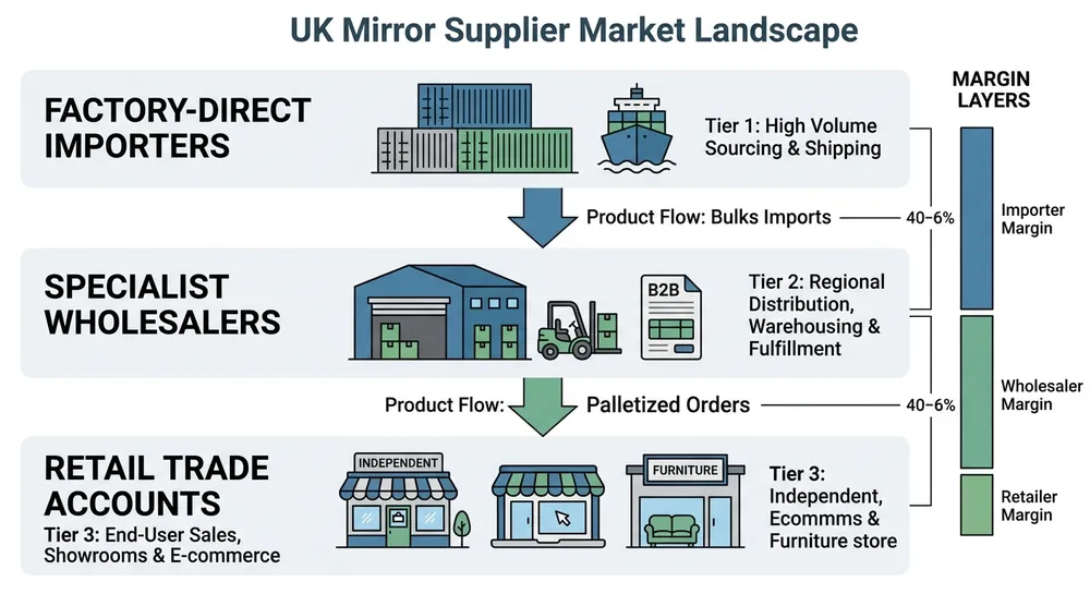 Supplier landscape map showing UK-based room decor mirror wholesalers and factory-direct import alternatives