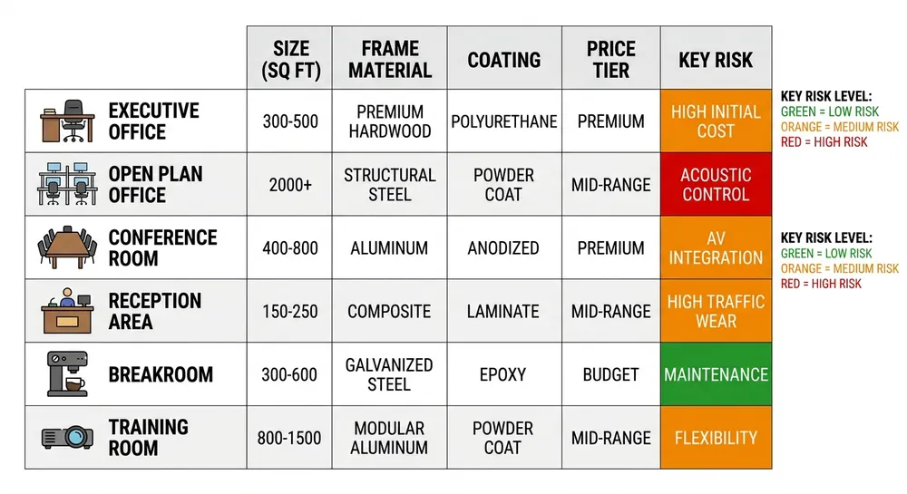 Comparison chart showing mirror specifications by room type including size range, frame material, and retail price tier