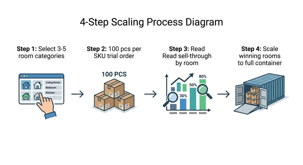 Process flow diagram showing a 5-room mirror trial order strategy with 100-piece MOQ per SKU before scaling to full container