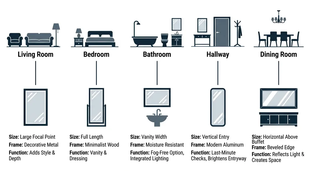 Diagram showing different mirror types mapped to living room, bedroom, bathroom, hallway, and dining room applications