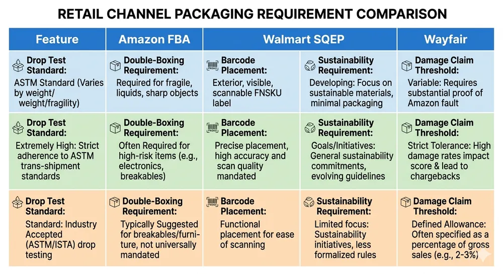 Comparison matrix of Amazon FBA, Walmart SQEP, and Wayfair packaging compliance requirements for decorative mirrors