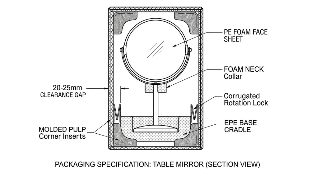 Cross-section diagram of inner pack structure for a freestanding table decor mirror showing foam layers, corner inserts, base cradle, and carton clearance dimensions