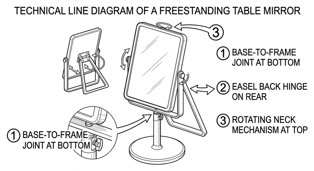Diagram showing three transit failure points on a freestanding table decor mirror — base joint, easel back hinge, and rotating neck mechanism