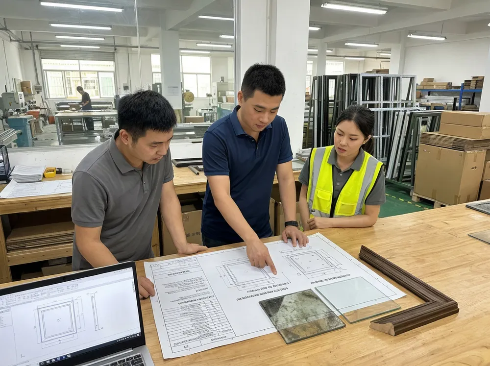 OEM/ODM engineering team reviewing custom dining room mirror specifications