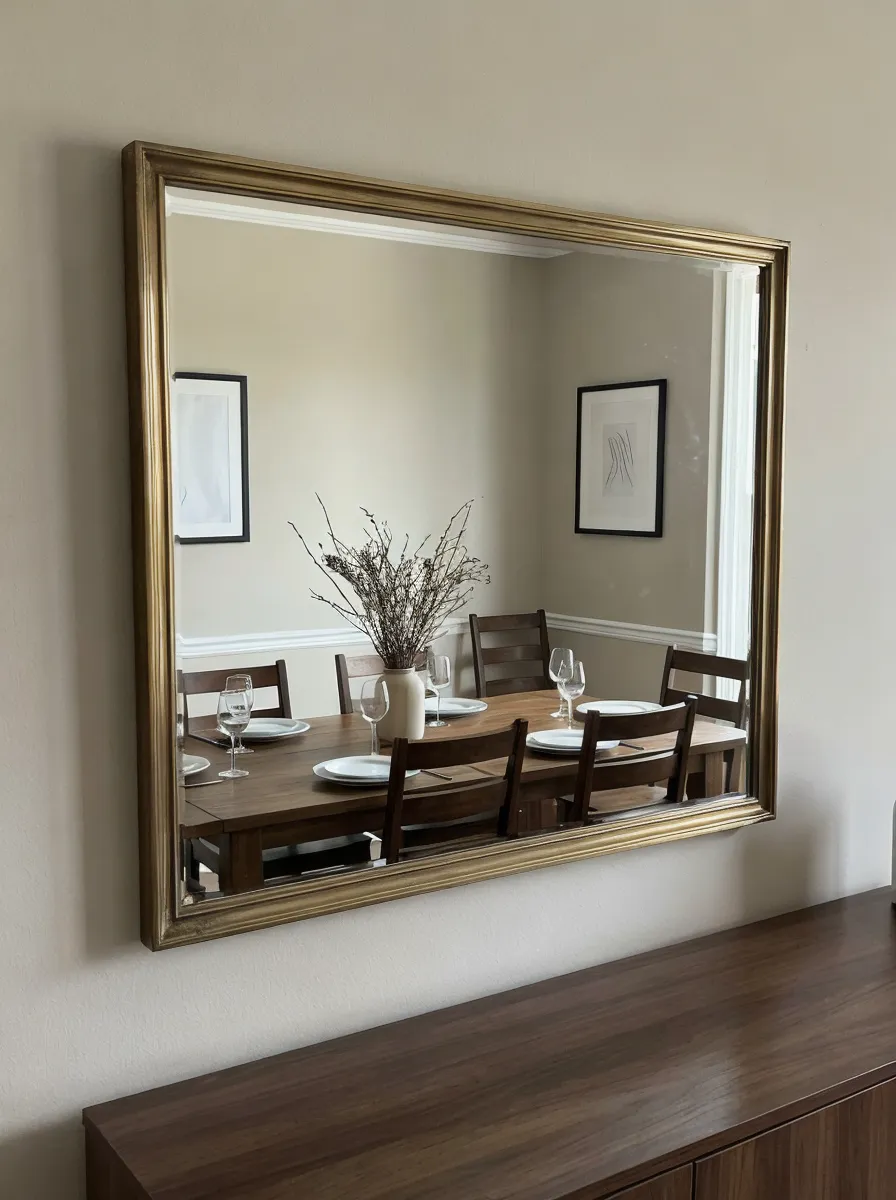 Dining room mirror with antique brass frame finish