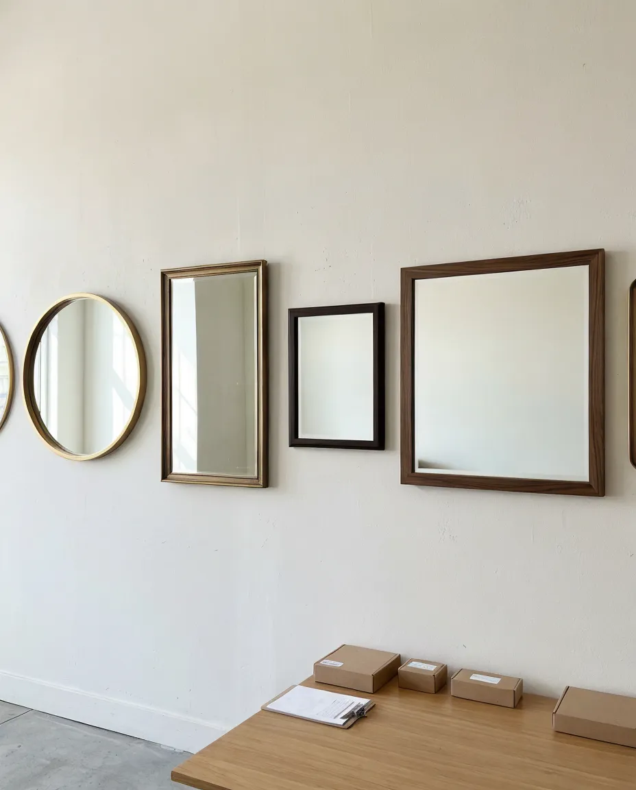 Curated dining room mirror assortment featuring gold round, antique brass rectangle, and dark wood frame options