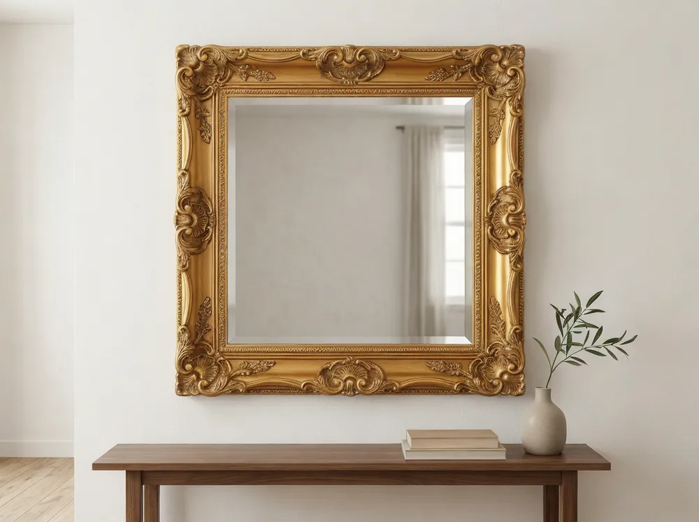 Decorative dining room mirror with ornate gold frame and beveled glass