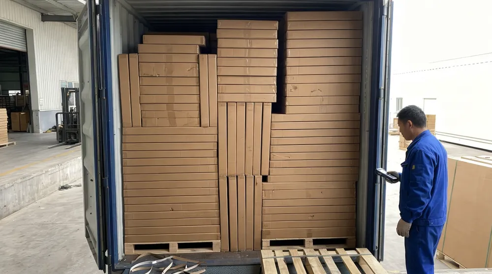 Optimized container loading arrangement for hallway mirrors showing carton stacking pattern