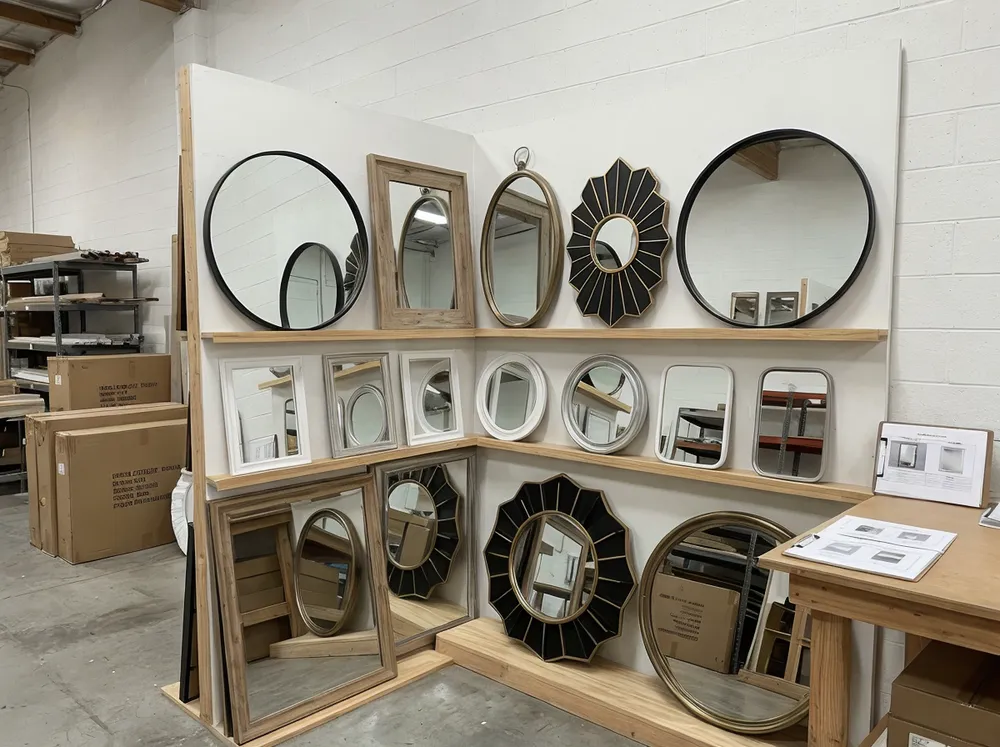 Curated assortment of home decor mirrors showcasing various frame styles and sizes for wholesale buyers