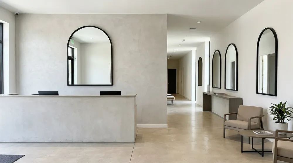 Decorative mirrors installed in boutique hotel lobby and hallway