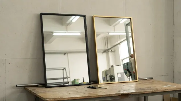 Metal framed mirrors with matte black and brushed gold powder-coated finishes
