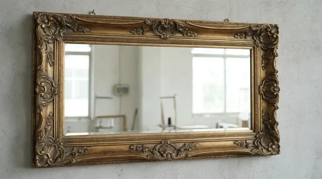Ornate resin framed mirror with baroque profile and hand-finished patina details