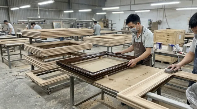 Solid wood framed mirrors with machined profiles and multi-coat lacquer finishing