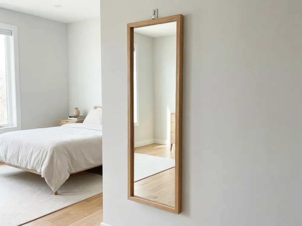 Full-length bedroom mirror with minimalist wood frame