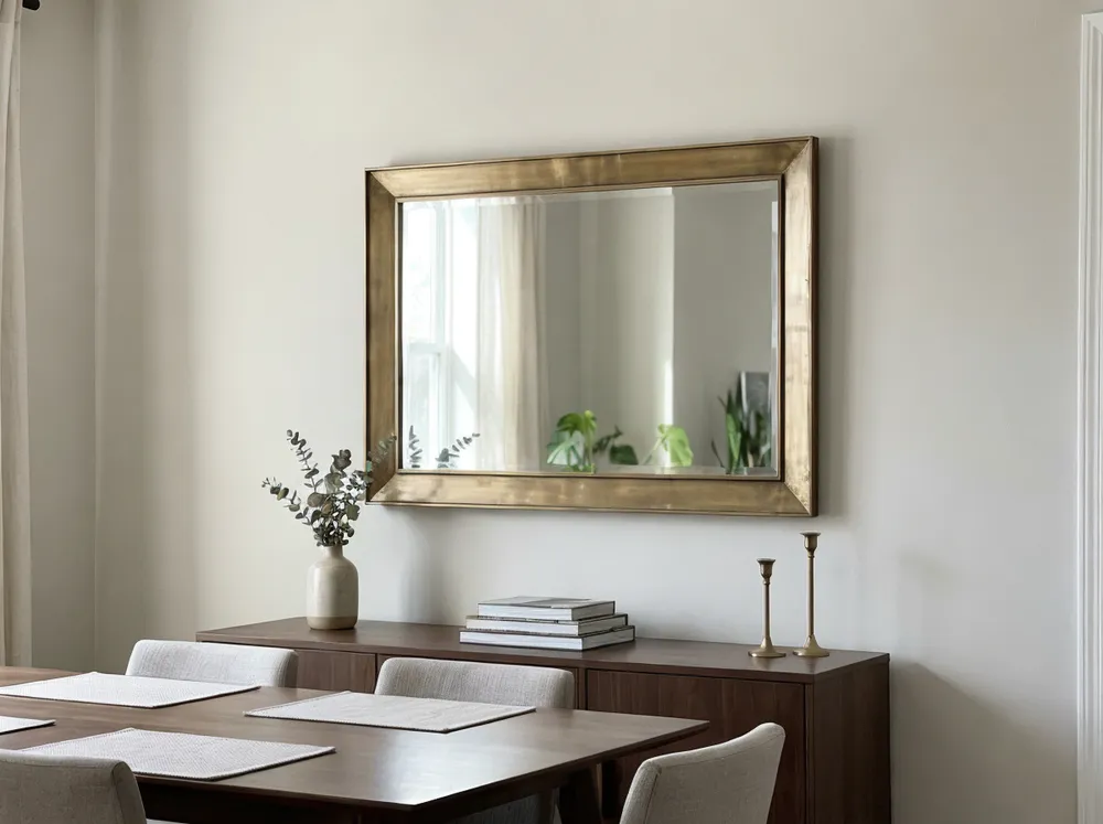Beveled dining room mirror with antique brass frame
