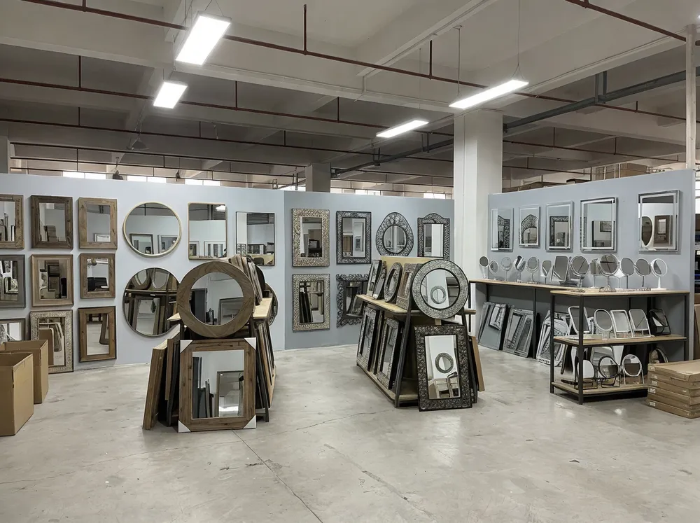 Decor mirrors organized by room category in Livewellcraft factory showroom