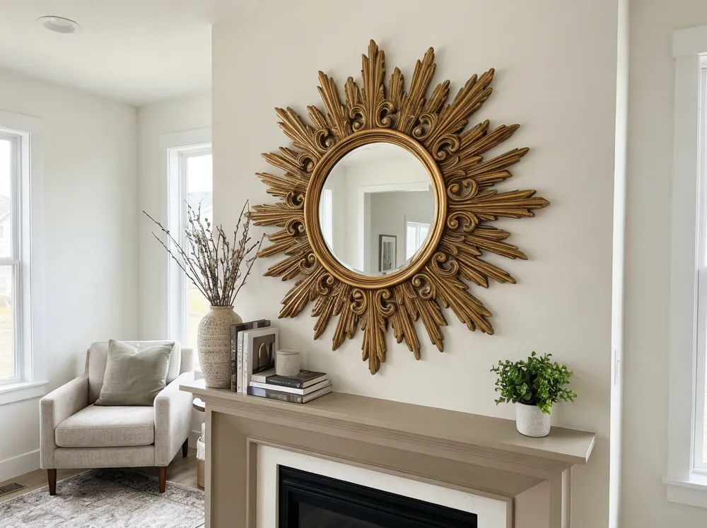 Sunburst decorative mirror for living room with ornate gold frame