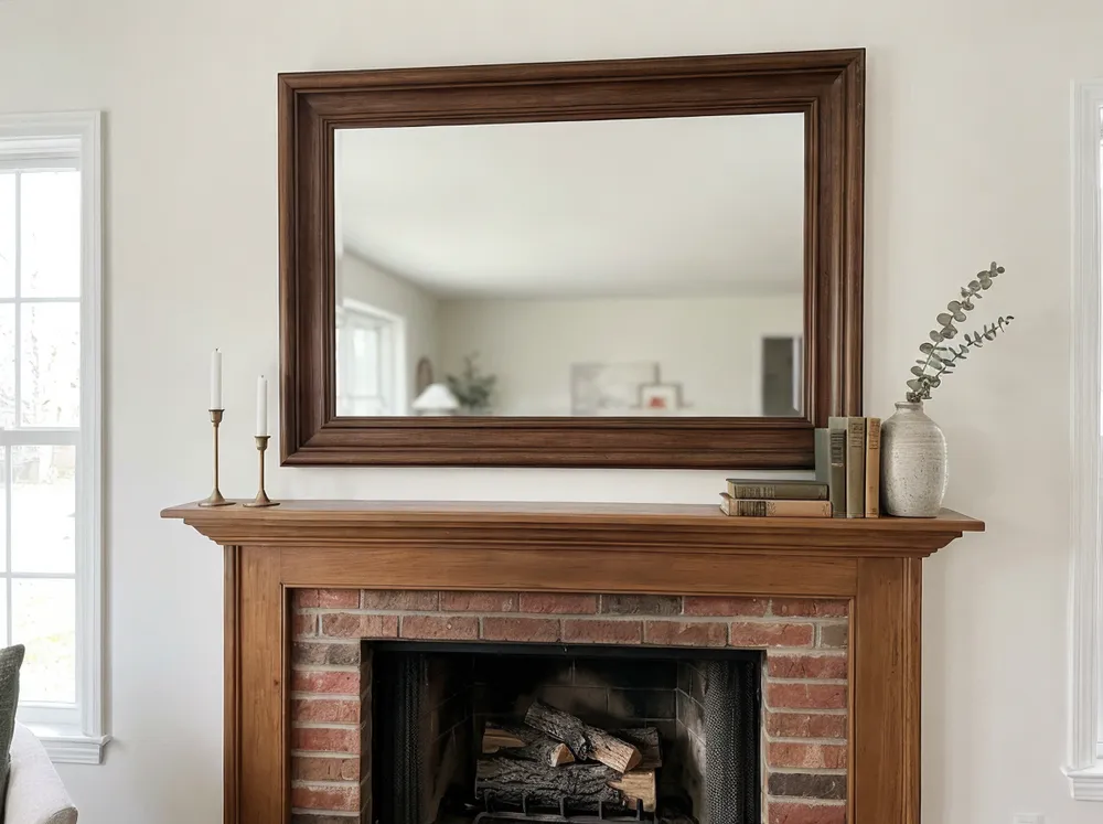 Wide format mantel mirror with substantial frame profile for fireplace placement