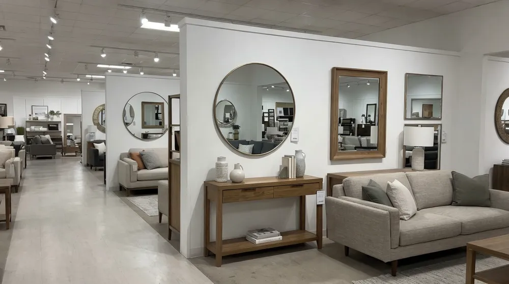 Living room mirrors displayed alongside furniture in retail showroom