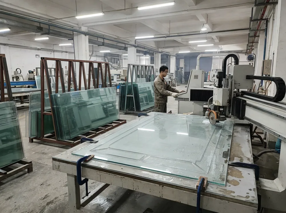 CNC glass cutting table processing large living room mirror panels with precision edge work
