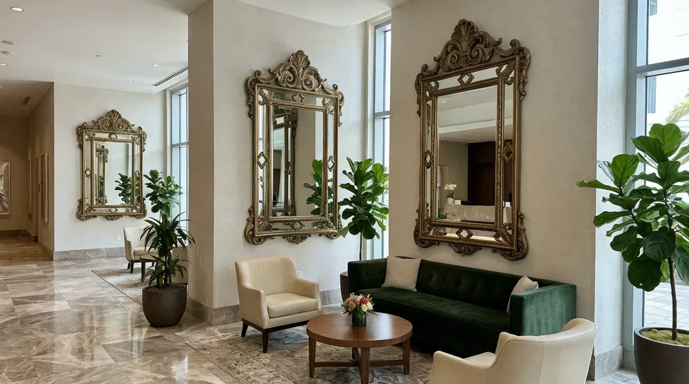 Ornate decorative mirrors in hotel lobby interior