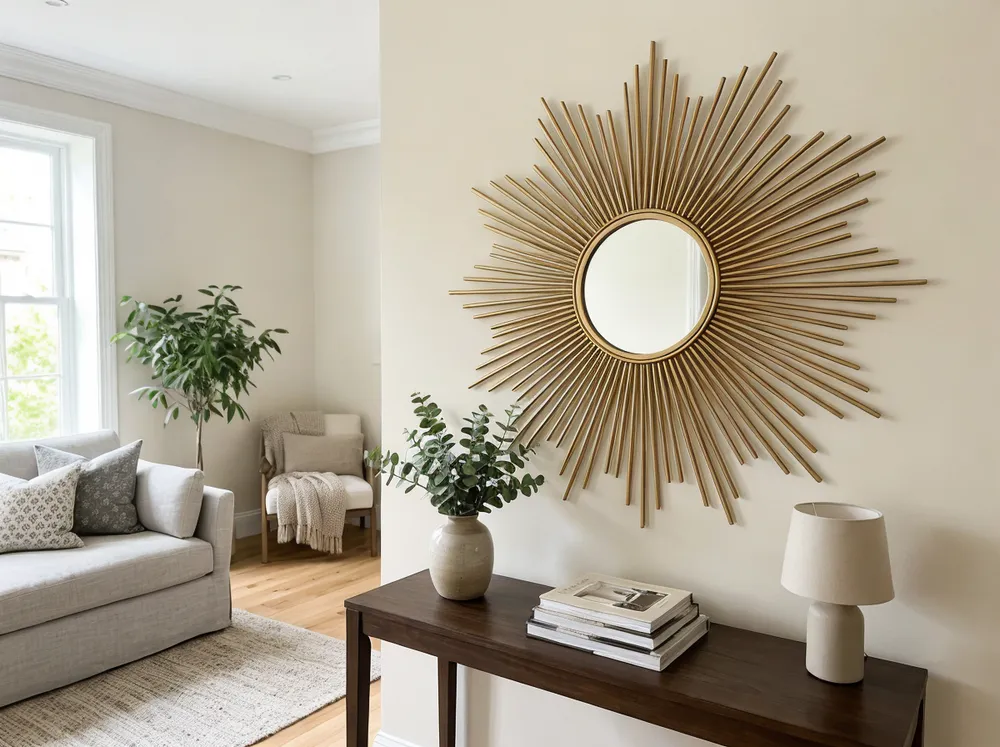 Large decorative sunburst mirror in elegant living room setting