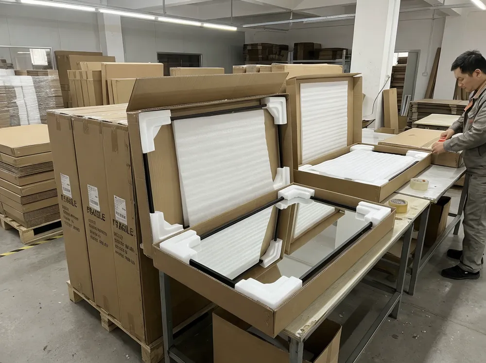 Living room mirror packaging with foam corner protectors and double-wall corrugated carton