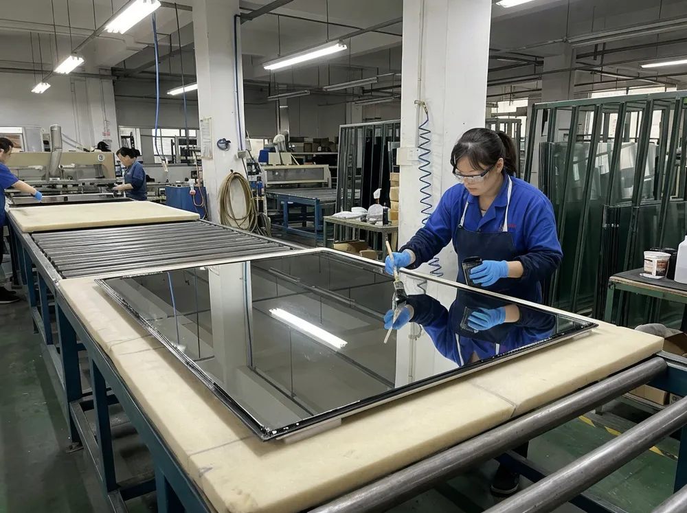 Copper-free silvering process with edge seal application on large mirror panel