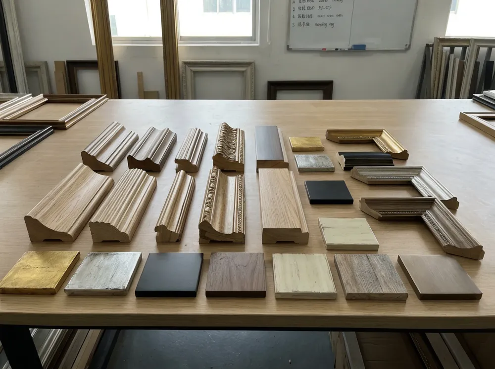 Custom mantel mirror frame profiles and finish samples arranged for buyer review