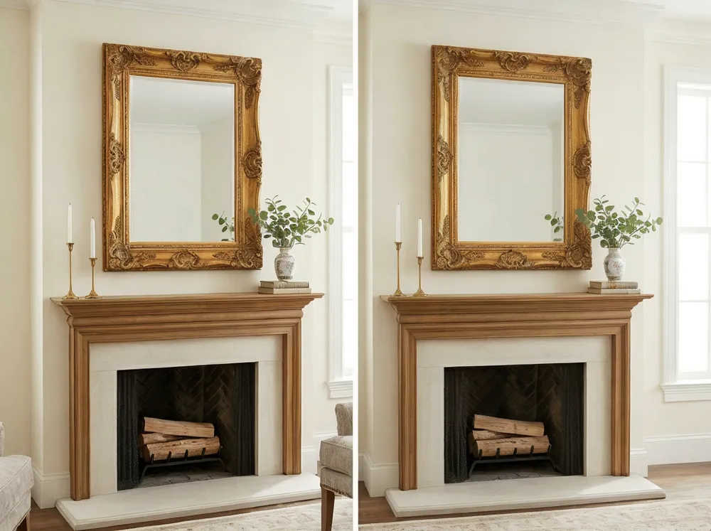 Ornate gold-framed mantel decor mirror above fireplace
