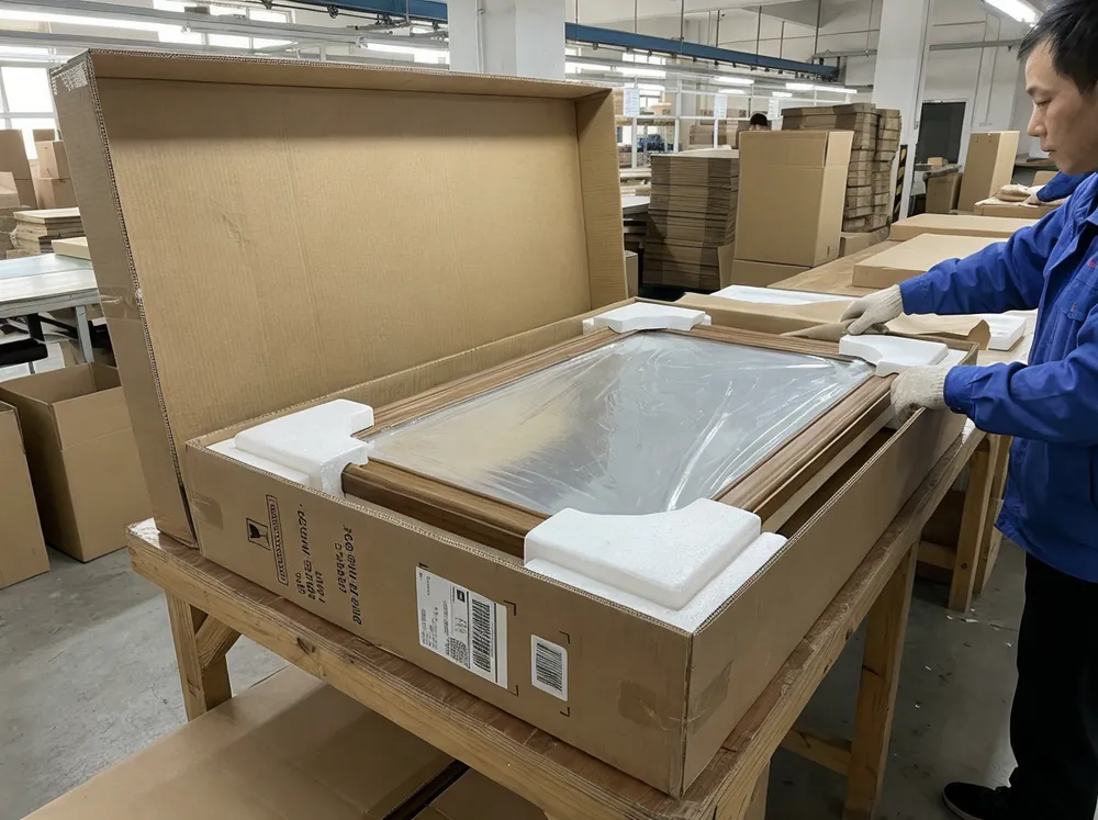 Mantel mirror packaging showing foam corner protectors and corrugated carton construction