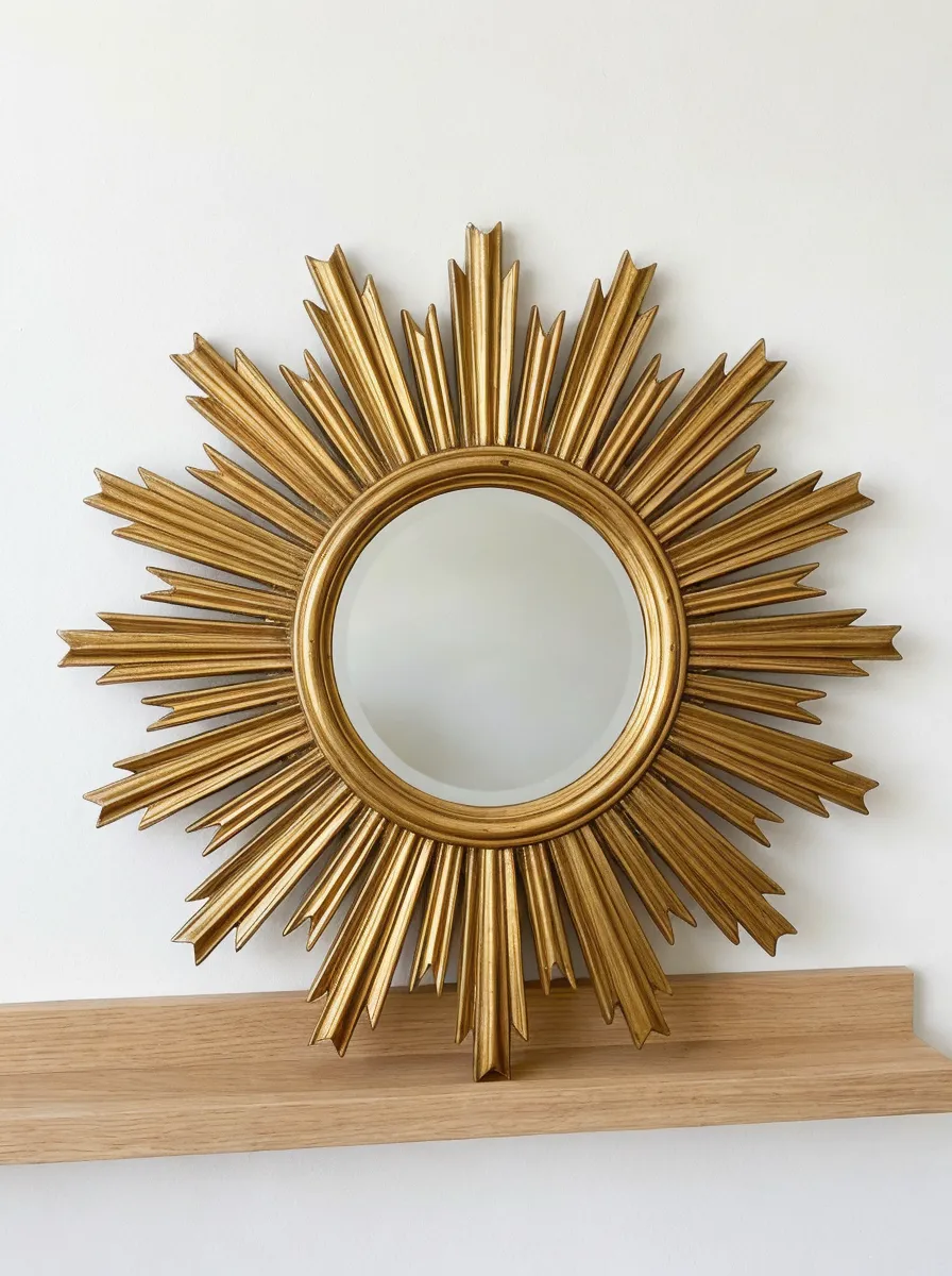 Sunburst gold frame mantel mirror with detailed rays