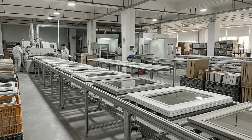 MDF mirror frames on production line with clean geometric profiles and lacquer finish