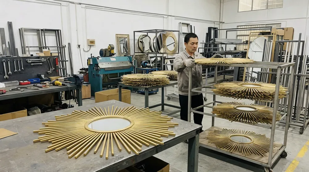 Metal sunburst mirror frame with radiating rays in brushed gold finish