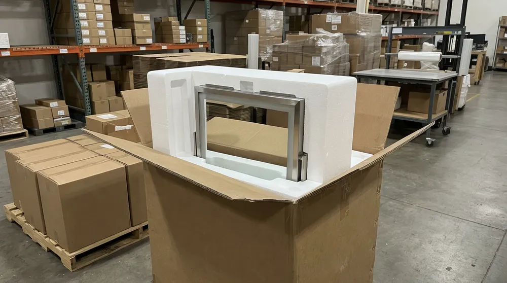 Table mirror in protective foam packaging ready for e-commerce fulfillment