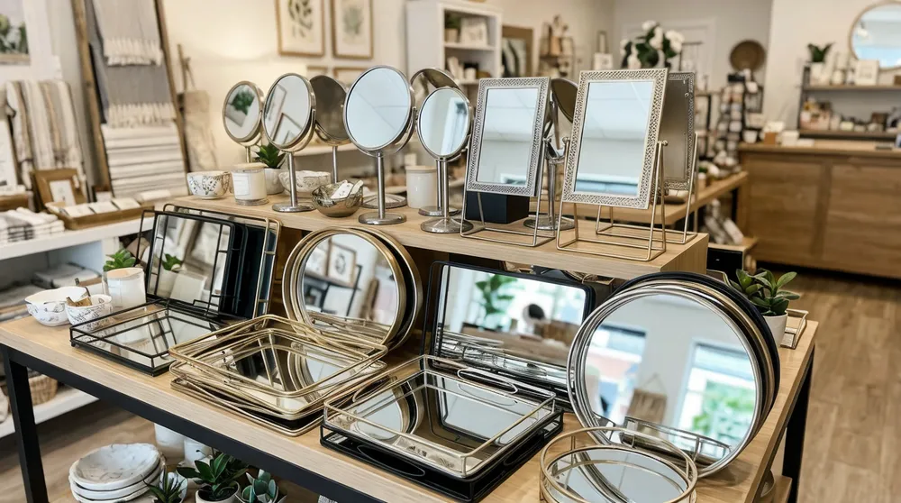Mirrored trays and standing mirrors displayed in boutique gift shop setting