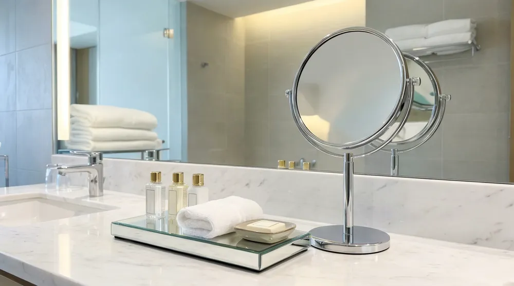 Vanity mirror and mirrored tray in upscale hotel guest room bathroom