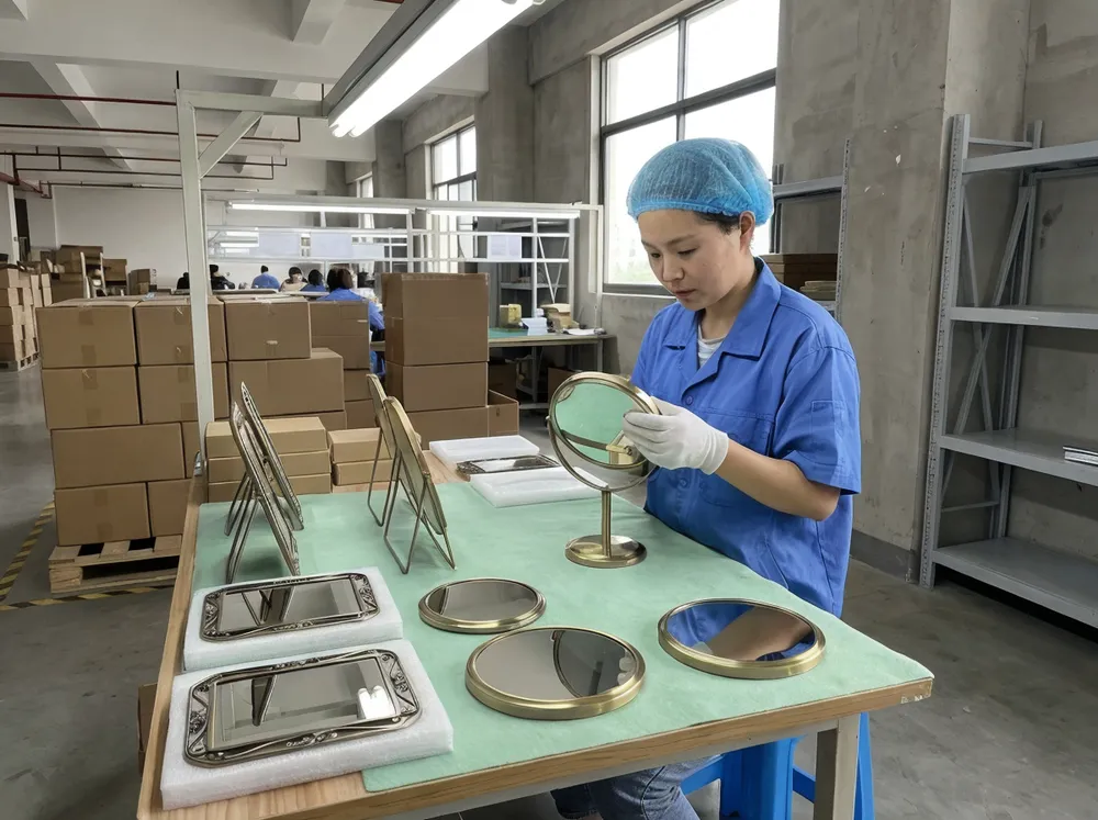 Quality control inspection of table decor mirrors at Livewellcraft facility