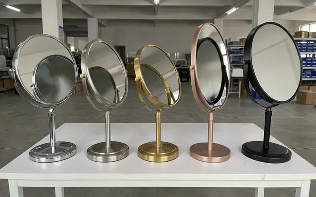 Vanity mirrors with adjustable friction-pivot stands in various finishes