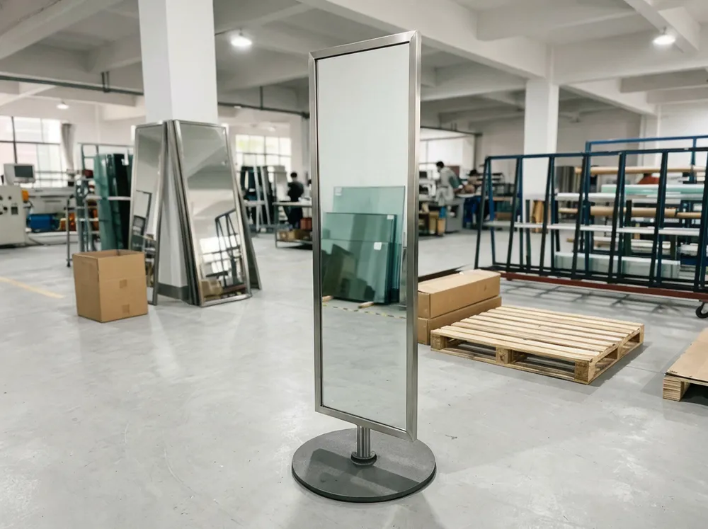 Base-plate freestanding mirror with weighted metal base for retail display