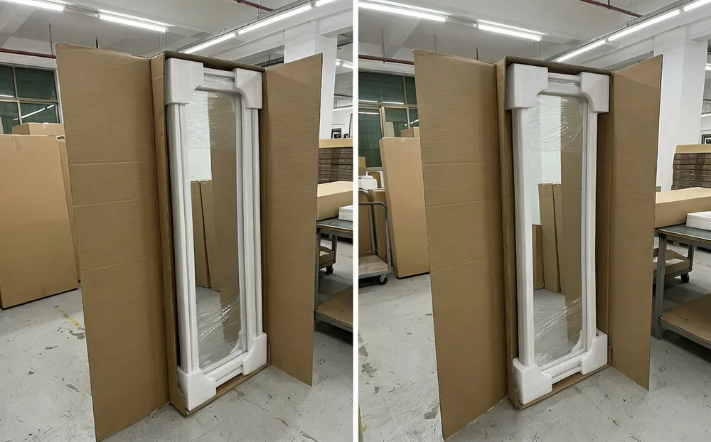 Floor mirror e-commerce packaging with double-wall carton and foam corner protectors