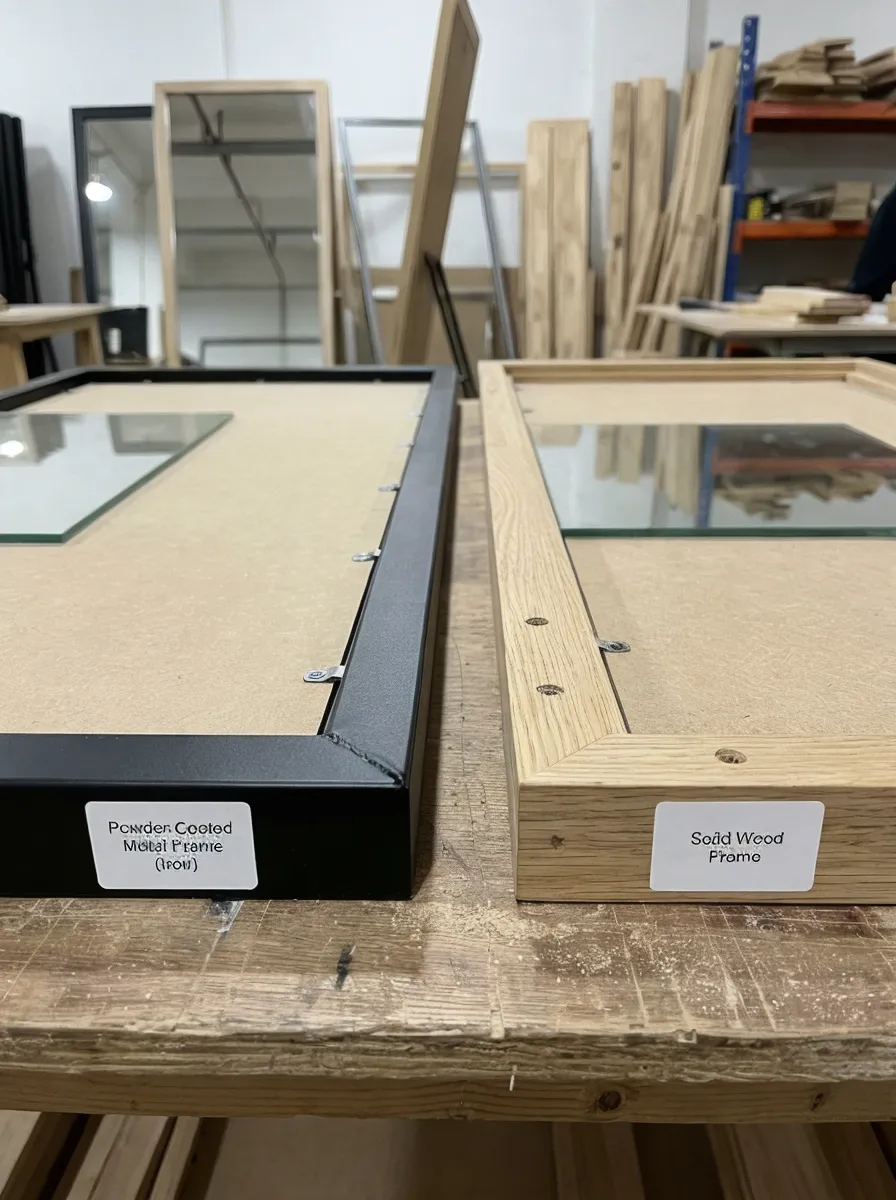 Close-up detail of floor mirror frame construction showing metal and wood options