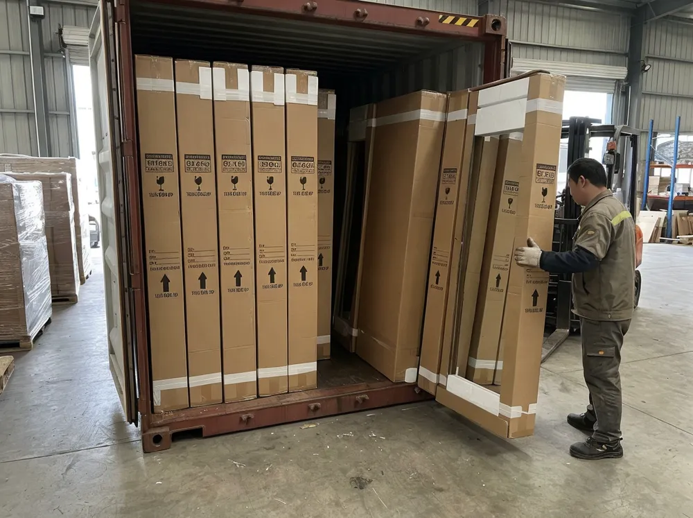 Floor mirror packaging and container loading configuration showing upright placement and foam protection