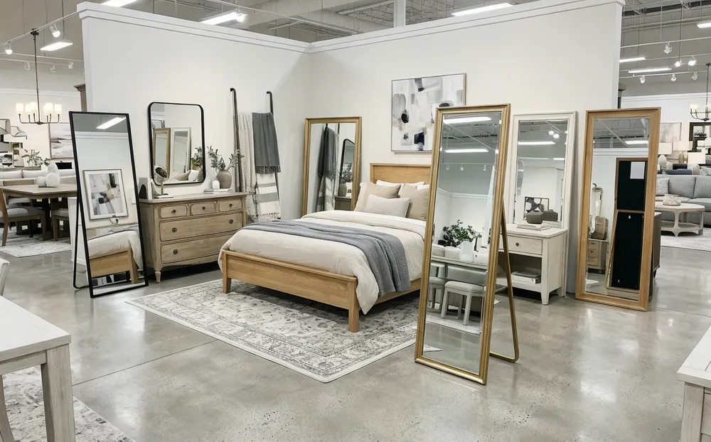Floor mirrors displayed in furniture retail showroom with coordinated bedroom collection