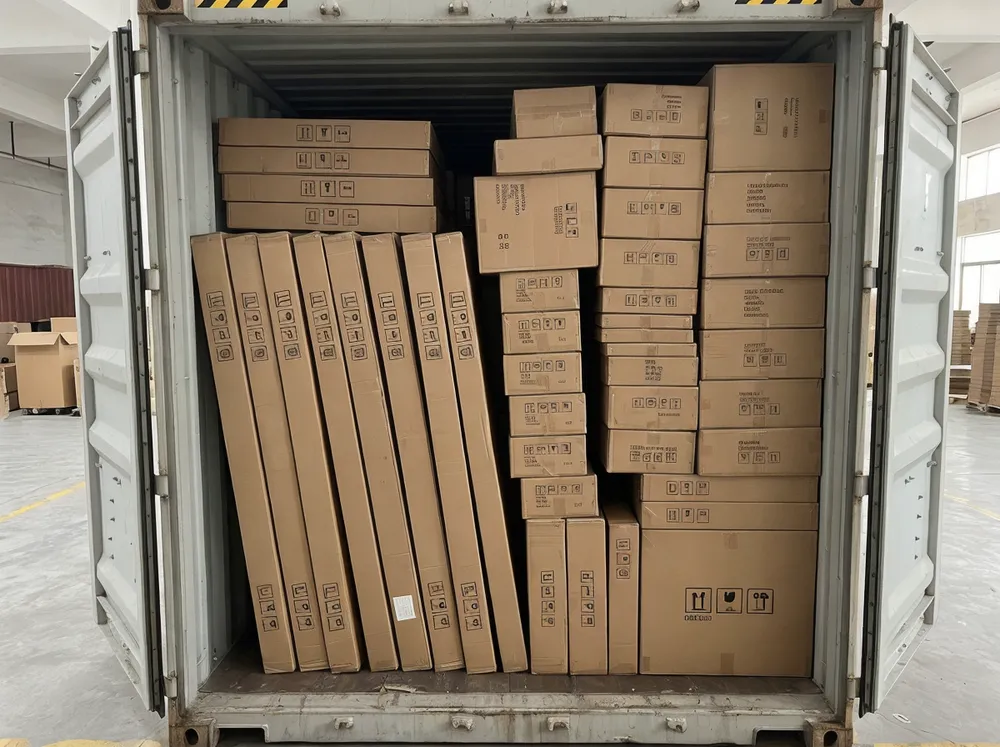 Mixed container load showing floor mirrors alongside wall-mount formats