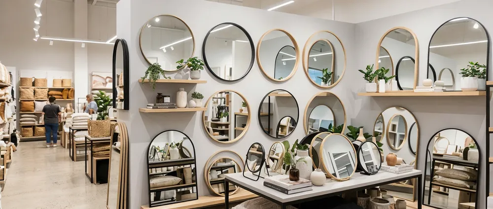 Round and arch mirrors displayed in modern home decor retail setting