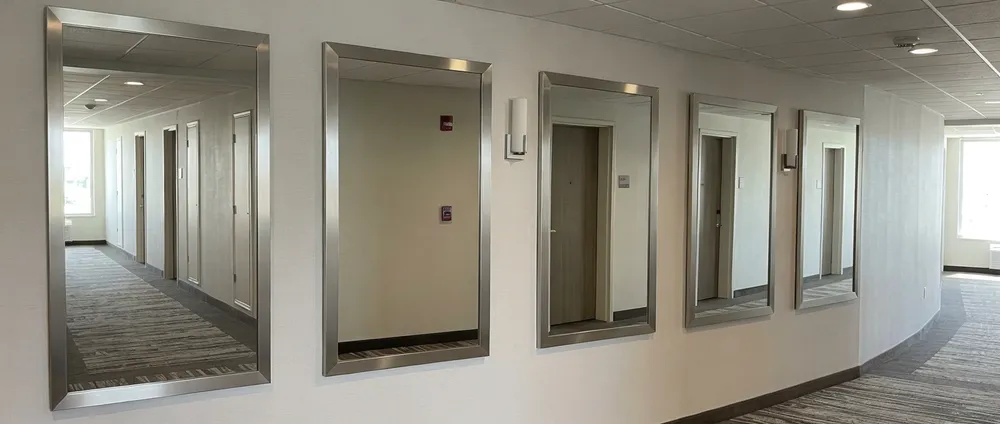 Large rectangle mirrors in hotel corridor installation