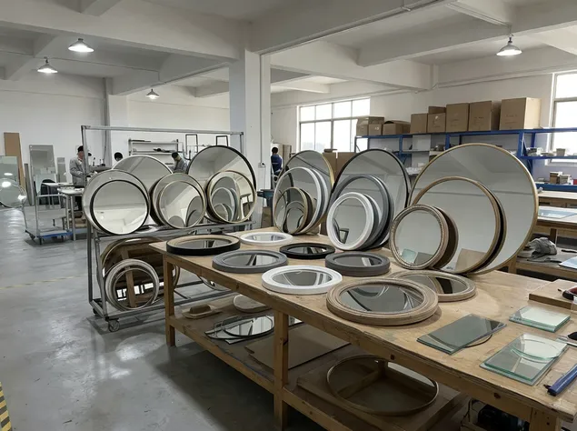 Round decor mirrors in various diameters with metal, MDF, and resin frames