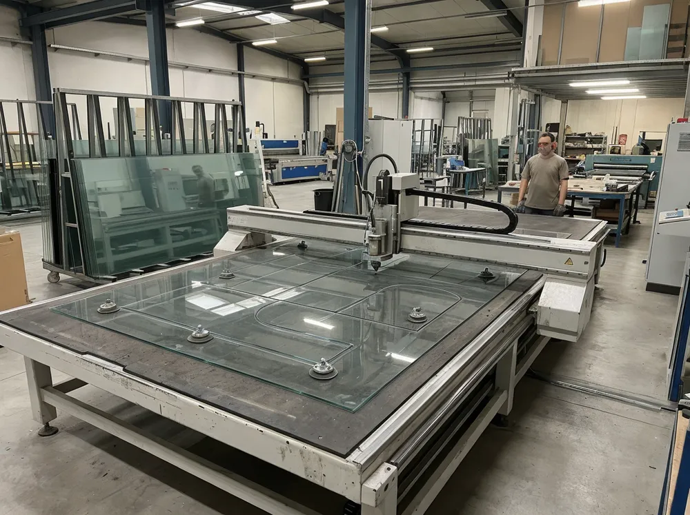 Automated glass cutting table processing large mirror panels up to 180 cm