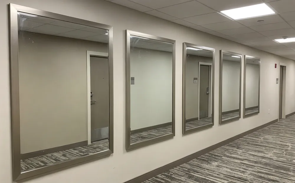 Large decorative mirrors installed in hotel corridor showing consistent frame finish